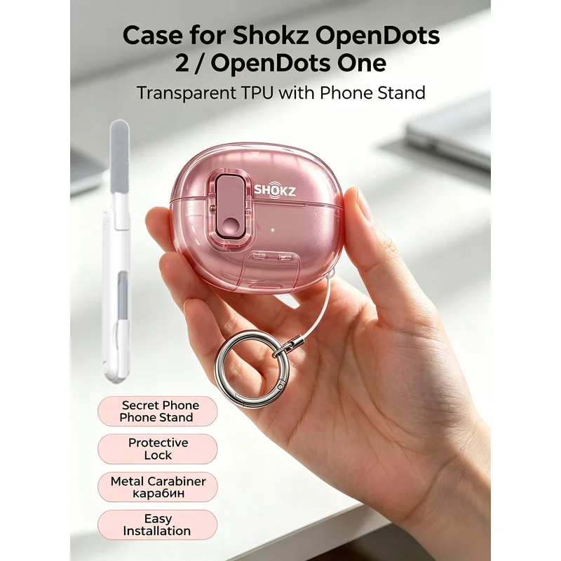 `Shockproof Transparent Case for Shokz OpenDots2 Ear‑clip Headphones, Phone Stand Function with Cleaning Tool