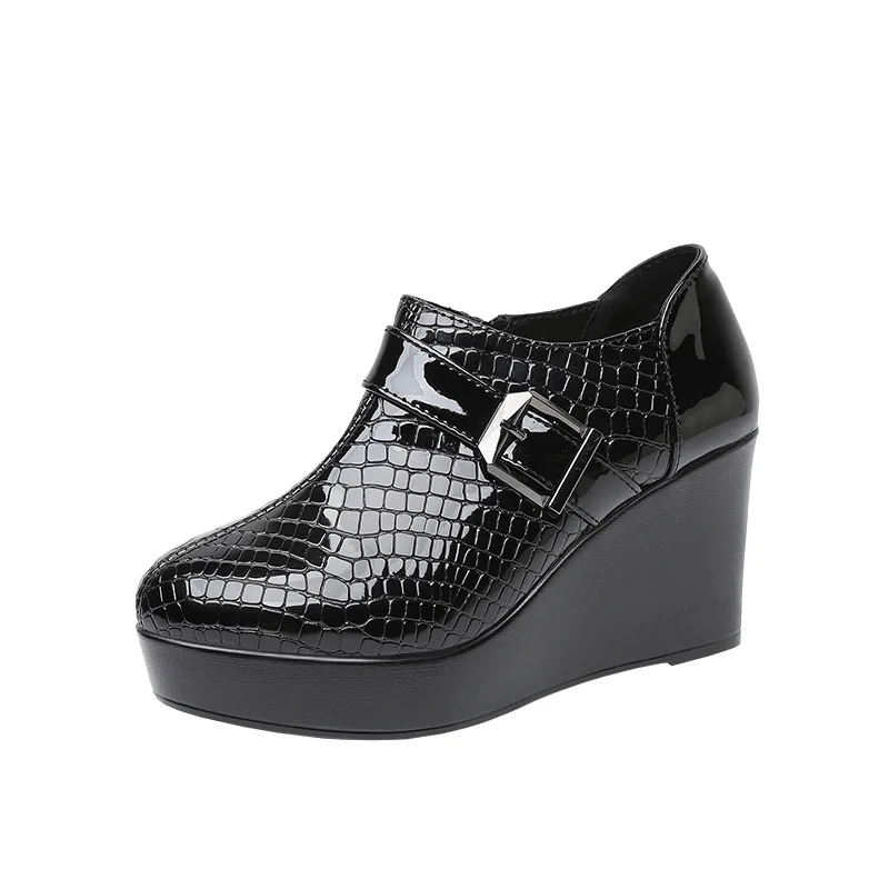 8 см, 12 см, маленький размер 33–43, удобные туфли из лакированной кожи с пряжкой, осенние туфли на танкетке, осень 2023, туфли на высоком каблуке для модели офисного платья