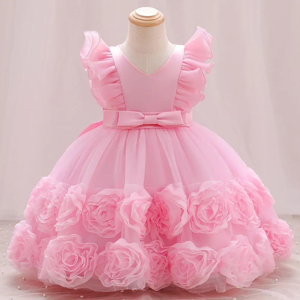 Flower Party Dresses For Girls Flying Sleeves Princess Birthday Puffy Dress Baby Girl Baptism Tutu Dresses Children Wedding Gown