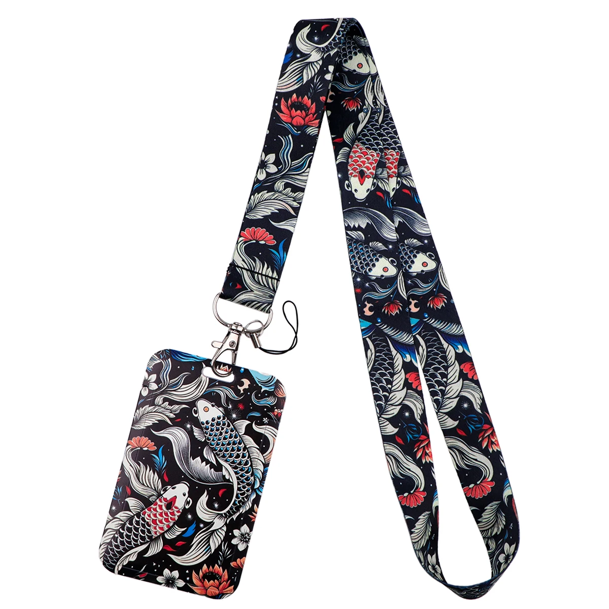 Funny Black Cat Credential Holder Lanyard, Koi Fish Pattern