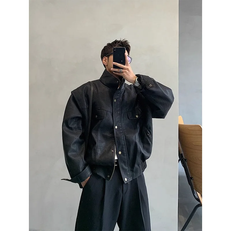 

Крутое мужское байкерское кожаное пальто Jaet Street Sle из искусственной кожи, молодежное пальто в стиле панк Faion Long Sve, ветрозащитное пальто с воротником-стойкой на молнии