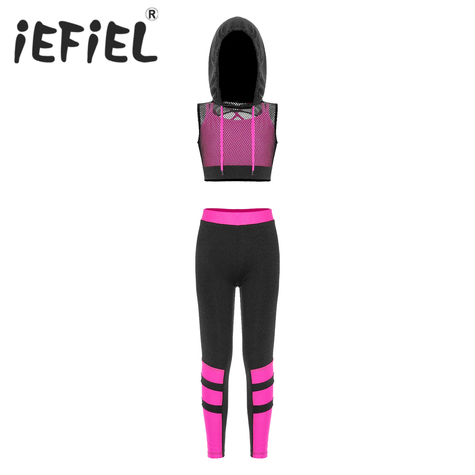 女の子用バレエダンスセット,体操服,フード付きメッシュトレーニングベストとレギンス,ダンススポーツ,ヨガ,フィットネス用