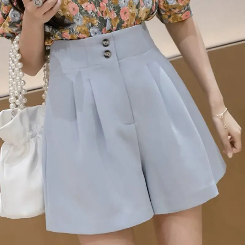 Pantaloncini da donna da ufficio larghi estivi stile coreano a vita alta a-line gamba larga pantaloni casual tutto-fiammifero drappeggiati eleganti solidi Ins