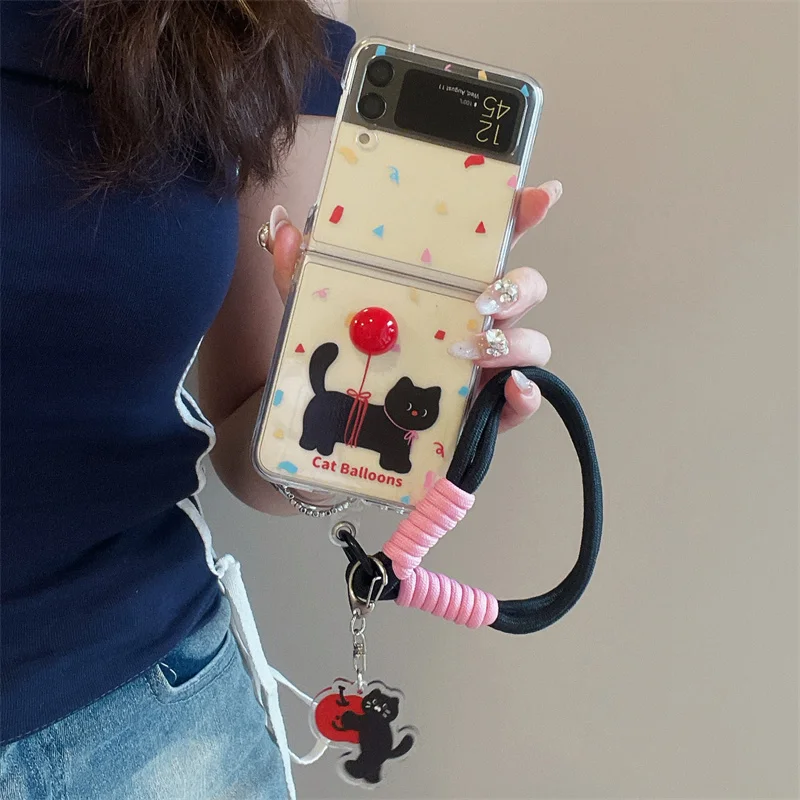 Clear Cute Cat Phone Case For Samsung Galaxy Z Flip 6 5 4 3 Cover with Hand Rope Strap Cartoon Hard Cases For Z Flip5 Flip4 5G
