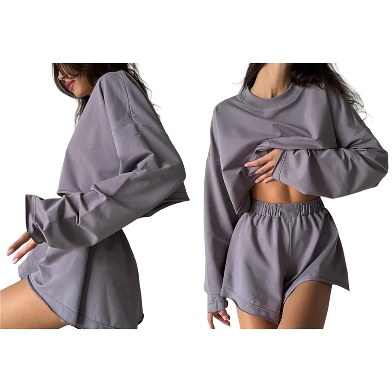2-teiliges Damen-Outfit, Sweat-Shorts-Set, übergroß, lässig, Lounge, passendes Set, Sweatsuit, Trainingsanzug, Herbstkleidung