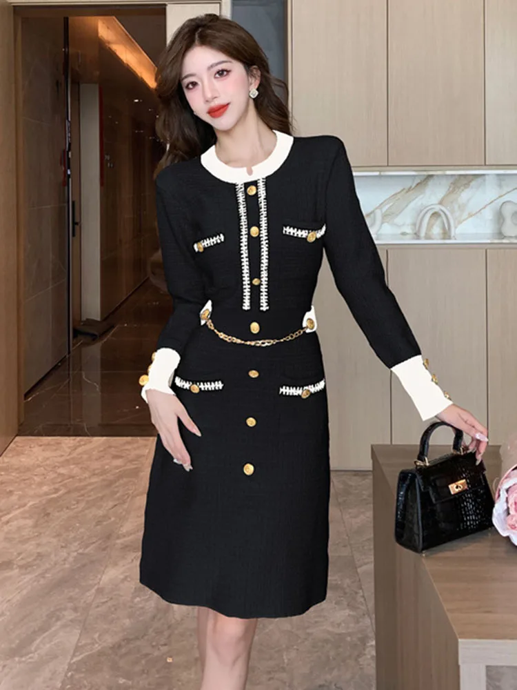 Chic Design 0-neck Knit Midi Dresses Korean Party Elegant Knitwear Long Sleeve Pullover Dress Spring Fall A-lined Vestidos New