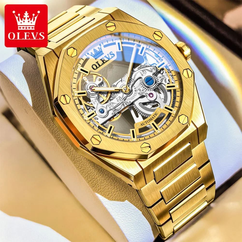 OLEVS 6742 Automatic Mechanical Men's Wristwatch Luxury Original Fully Skeleton Luminous Waterproof Gold Watch for Man