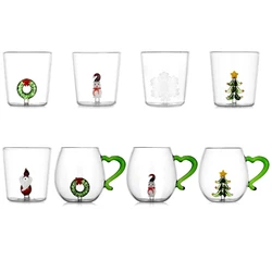 3D Festival Christmas Glass Cup Unique Mugs Festival Wreath Pattern Glass Mug for Christmas Celebration and Home Decors