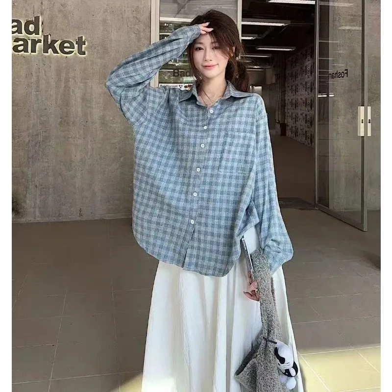 Vintage Blue Plaid Top Long Sleeve Spring Autumn Women's Clothing Casual Shirt Cardigan Lazy Style Single Breasted Blouse