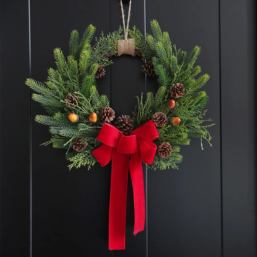 

Рождественский венок из натуральной сосны, венок из листьев PE, зеленая ягода, ротанговый забор, украшение для лестницы