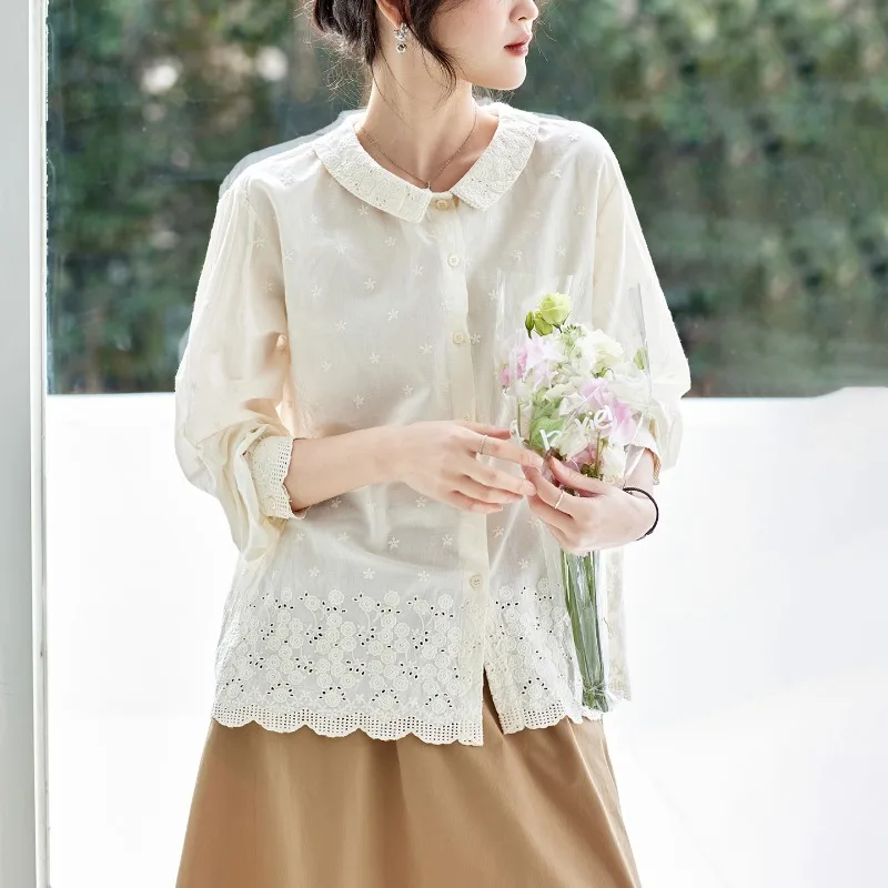 Apricot Embroidered Shirts Women Long Sleeves 2026 Spring Summer New Cotton Hollow Out Lace Tops Vintage Shirts Lapel Turn Down