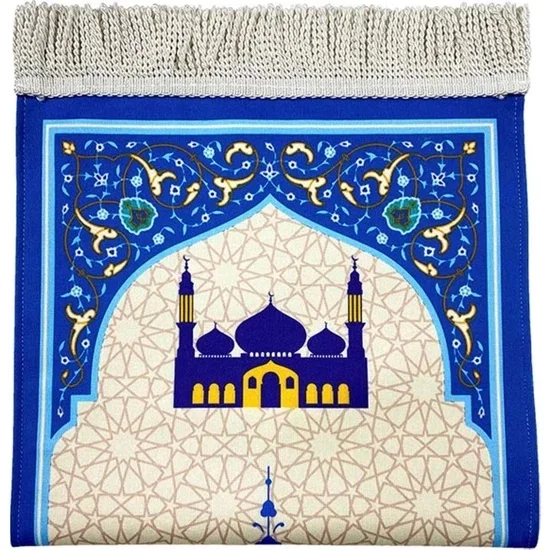 Islam Fashion For Child Seccade Namaz Pray Palace Garden Patterned Lined Blue Children's Prayer Rug Carpet Worship For Children