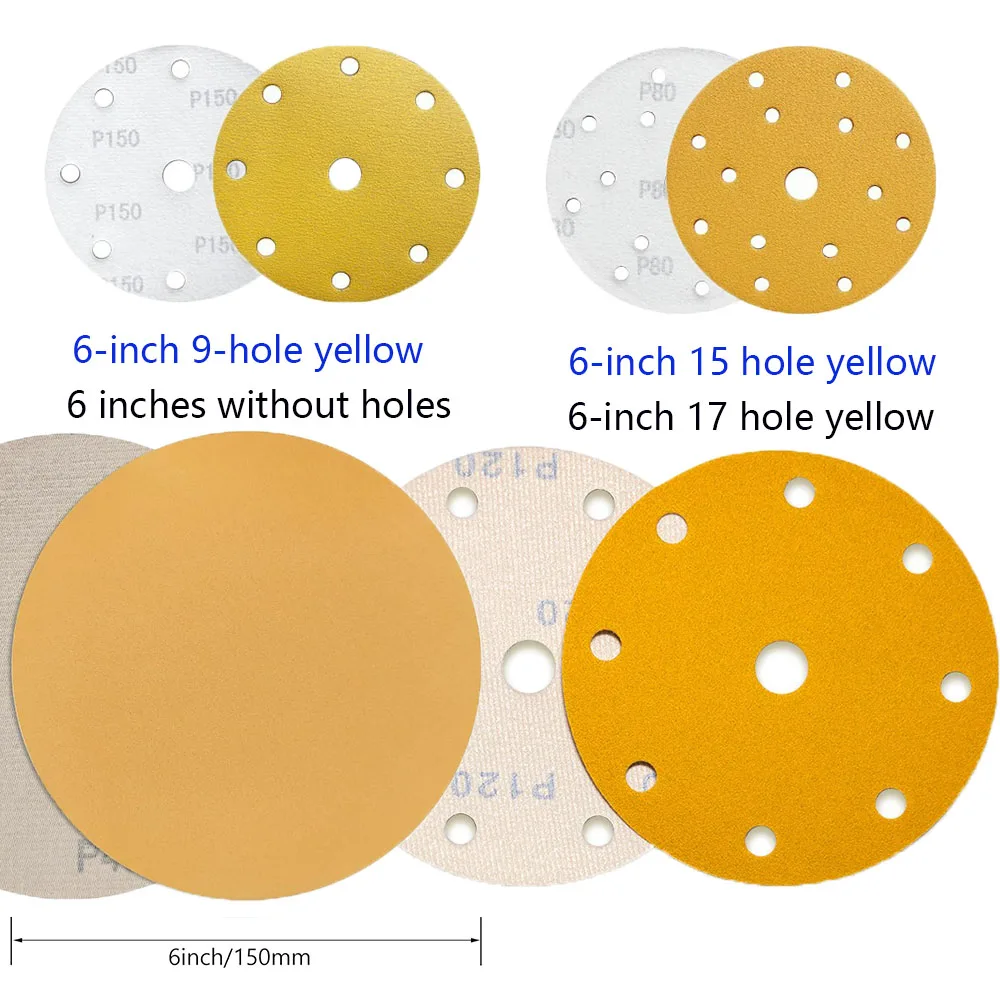 

6-inch 150mm circular yellow sand plush sandpaper with 6 holes, 9 holes, 15 holes, and 17 holes, back velvet self-adhesive polis