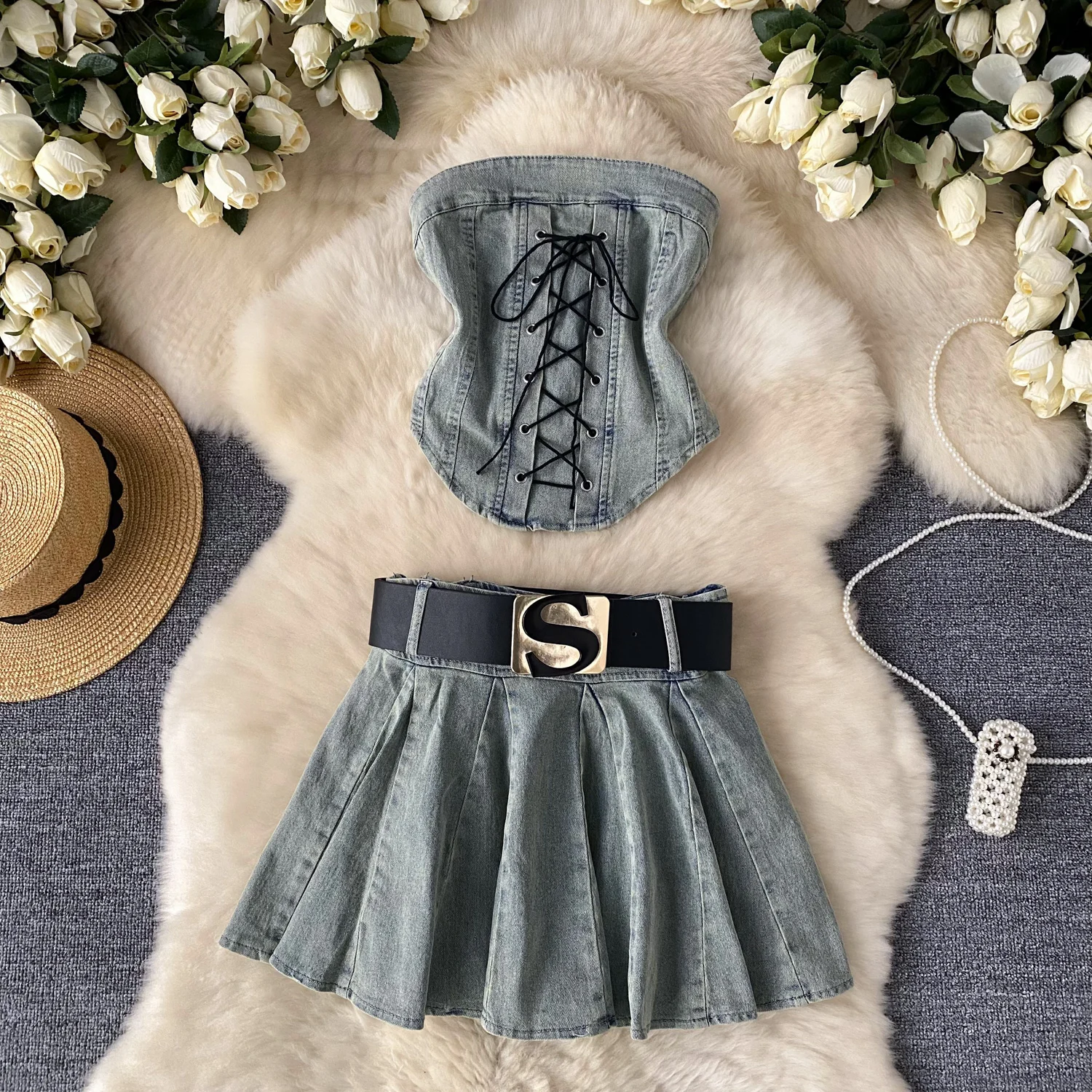 Women Denim Mini Skirts Suits Summer Bandage Short Strap Jeans Vest Tops And Mini Pleated Jeans Skirt Two-piece Sets