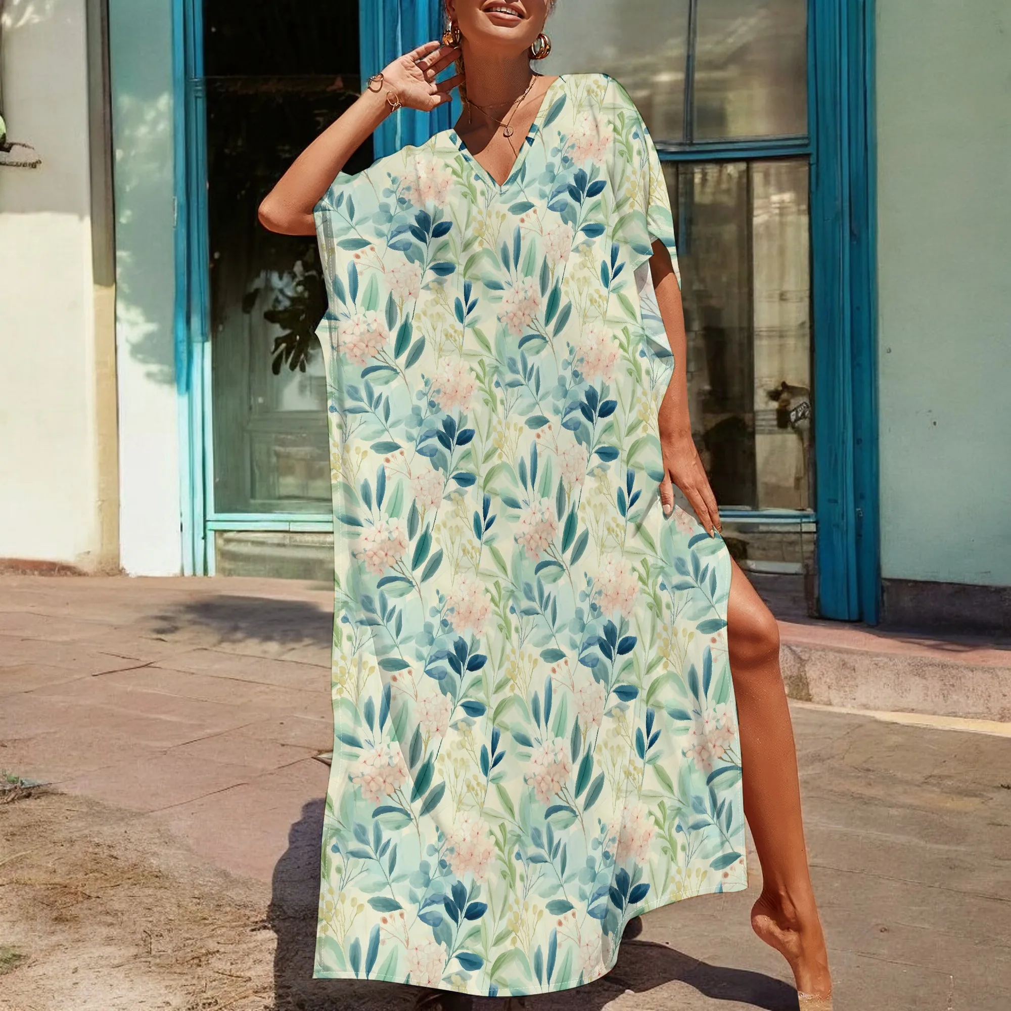 

Green Leaf Print Kaftan Dress Nature Inspired S-3XL Casual Long Robe for Women Spring or Daily Relaxed Wear