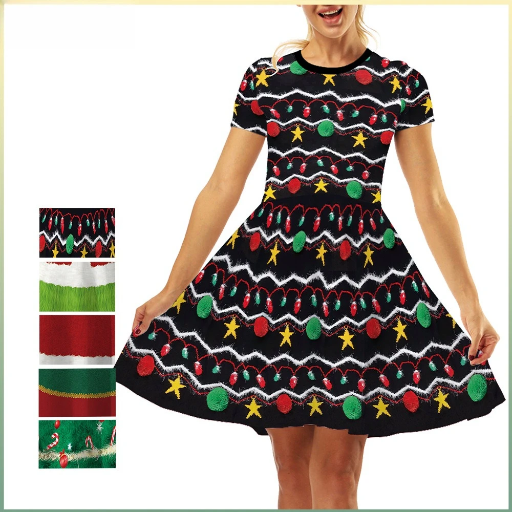

Christmas Dress Women New Style Europe America Digital Print Round Neck Short Sleeve Candy Lights