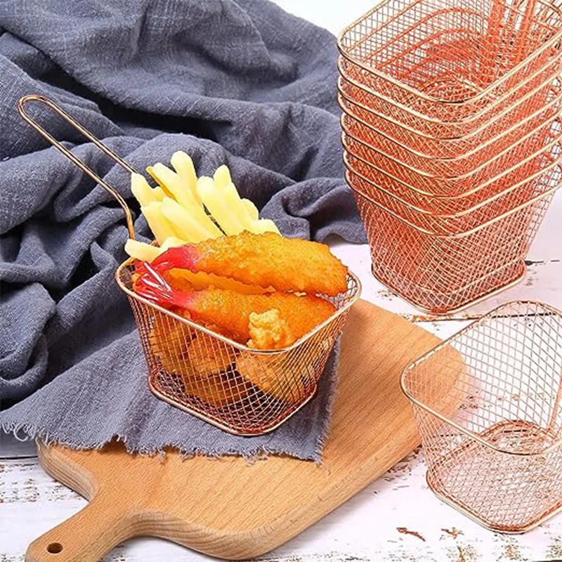 24Pcs Mini Square Fry Basket Stainless Steel French Fry Holder Deep Fry Basket Mesh Food Basket With Handles Durable (Rose Gold)