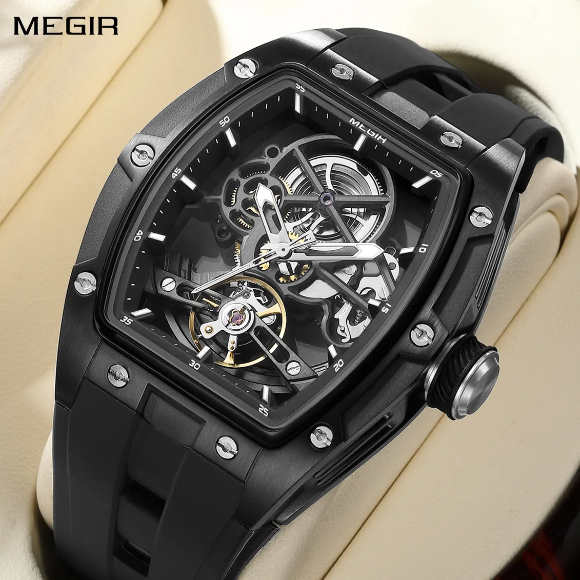 ساعة يد MEGIR للرجال، ساعة ميكانيكية أوتوماتيكية مقاومة للماء باللون الأسود مع عقارب مضيئة وحزام من السيليكون ومينا تونيو
