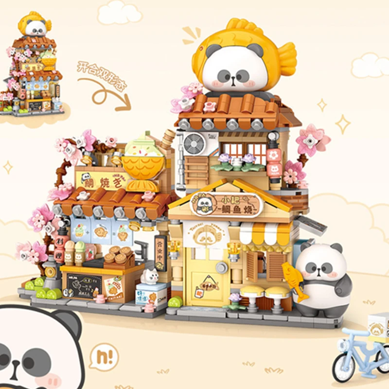 ใหม่ Panda ร้านอาหาร Taiyaki ร้านดอกไม้ Street View Shop อาหาร House Building Blocks ชุดสาวอิฐชุดของเล่นเด็กเด็ก
