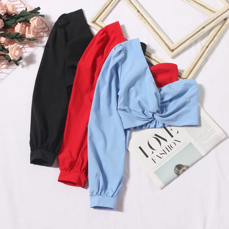 

Women Short Knot Shirt Blouse Slanted Edge One-shoulder One-shoulder Sexy Low-cut Strapless Chic Streetwear Tops Solid Y2k