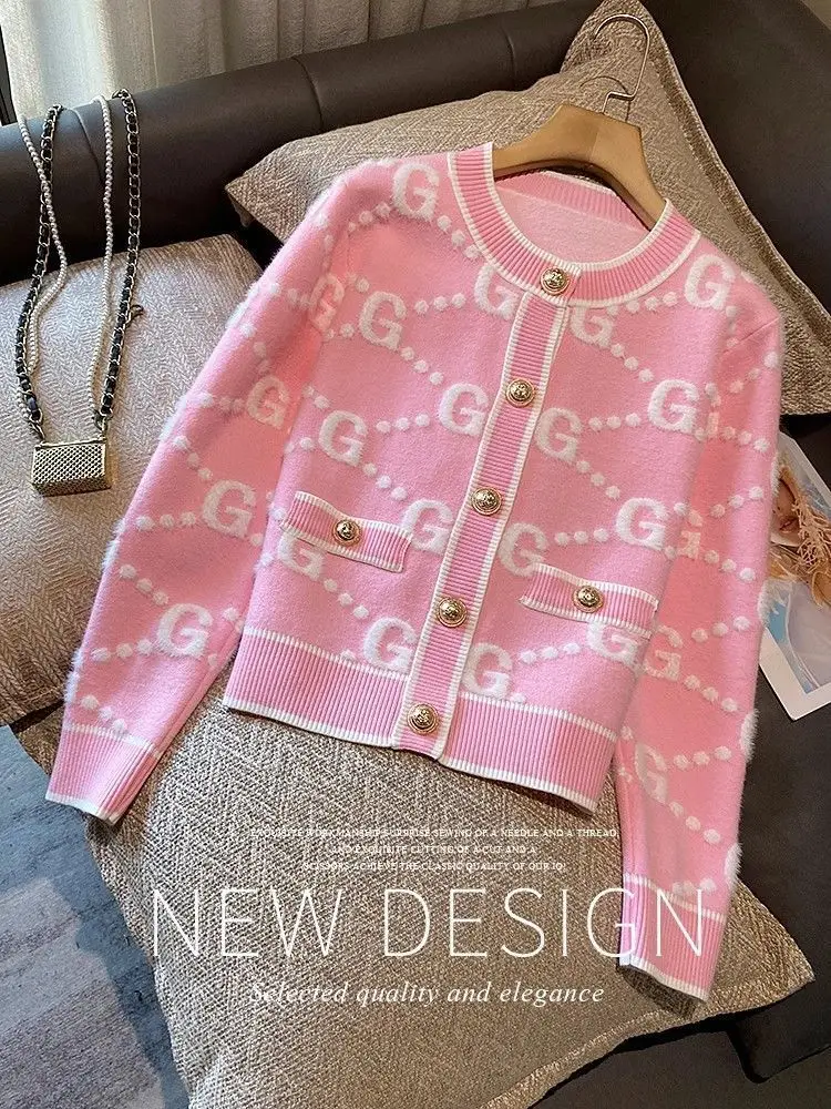 Luxury Pink Knitted Cardigan Women Sweater Autumn Winter Coat Letter Long Sleeve Short Tops Design Trend Women\'s Clothing New