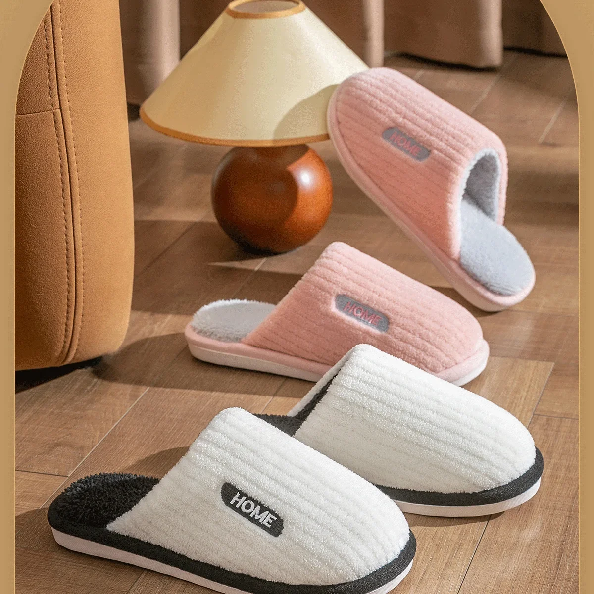 Couple Slippers Men Casual Flats Indoor Stripe Fluffy Anti-skid Flip Flops Soft Warm Plush Slipper Women's Winter House Shoe