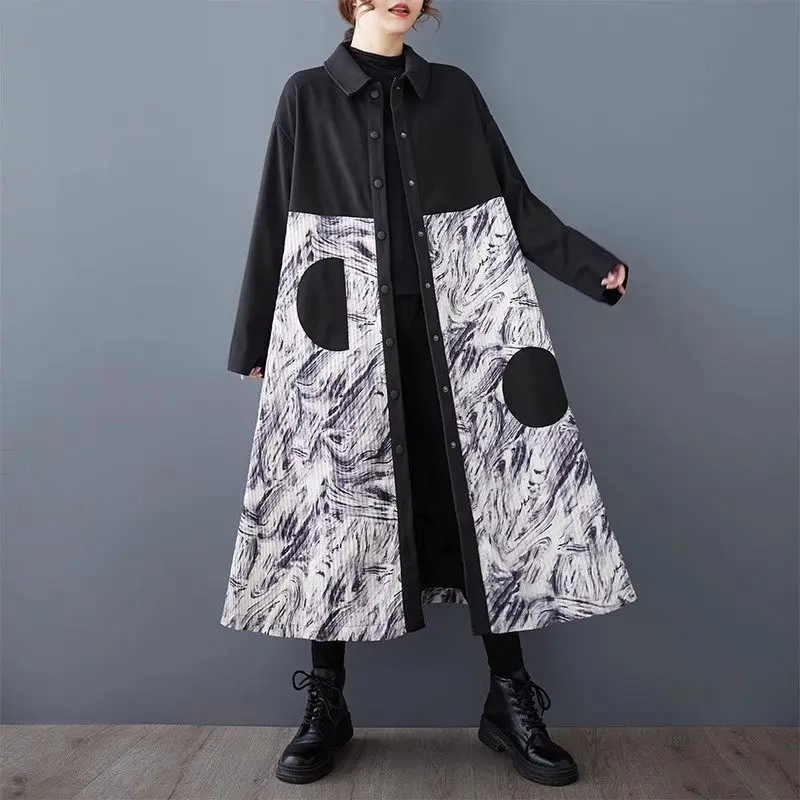 2024 Autumn/Winter Fashion Woolen Splicing Printed Casual Windbreaker Irregular Patchwork Fashion Long Coat Trench Dress A323