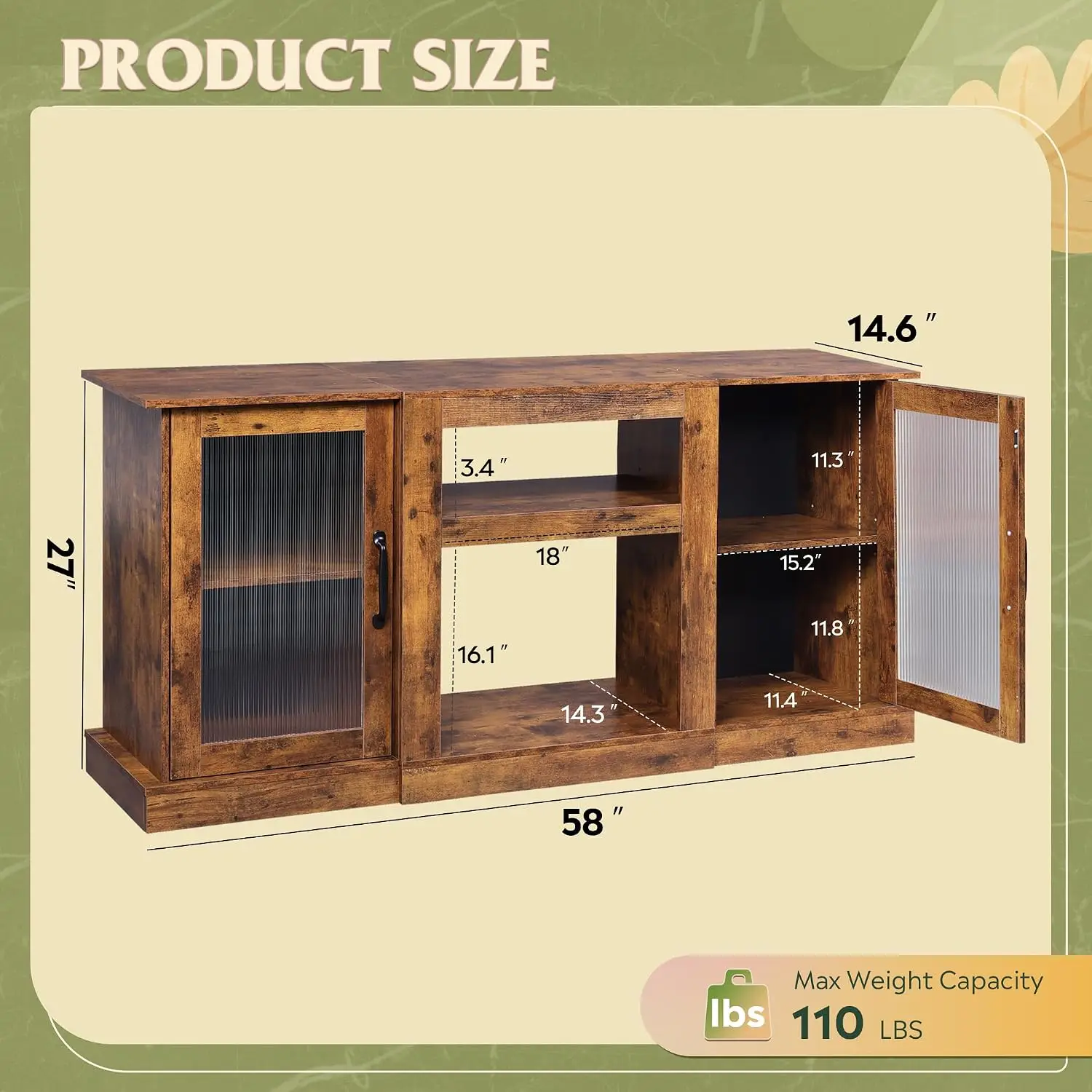 Farmhouse TV Stand With Storage Cabinets Adjustable Shelves Acrylic Doors Living Room Bedroom 58 Inch, Customized