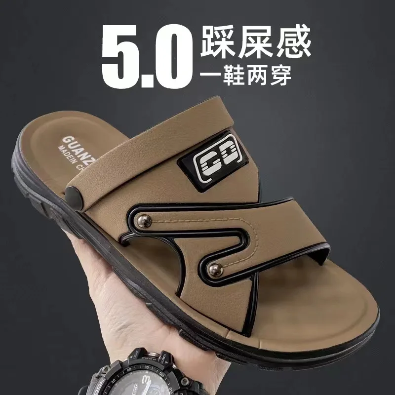 

New summer men's thick soled comfortable soft rubber outsole for drivers black brown work dual-use beach sandals