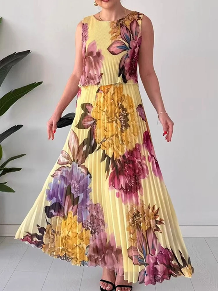 Vestido de fiesta Bohe drapeado con cuello redondo para mujer, vestido Sexy sin mangas de cintura alta, vestido Maxi suelto, Jersey elegante, vestido de vacaciones