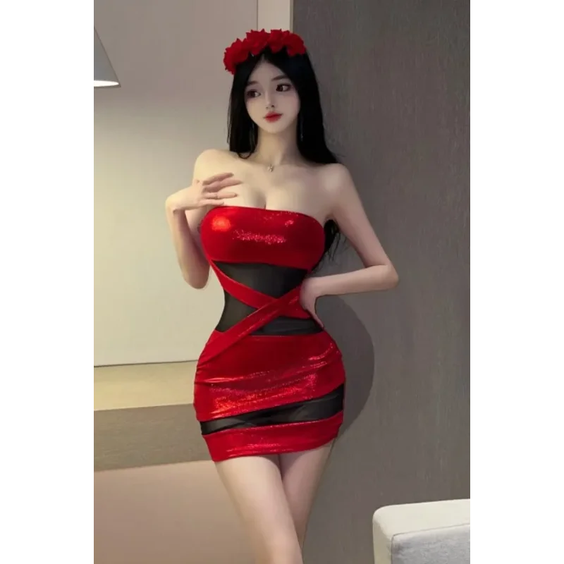 핫걸 패션 슬리밍 메쉬 스플라이싱 힙커버링 여성스러운 탄력 슬림 웨이스트 샤이니 드레스