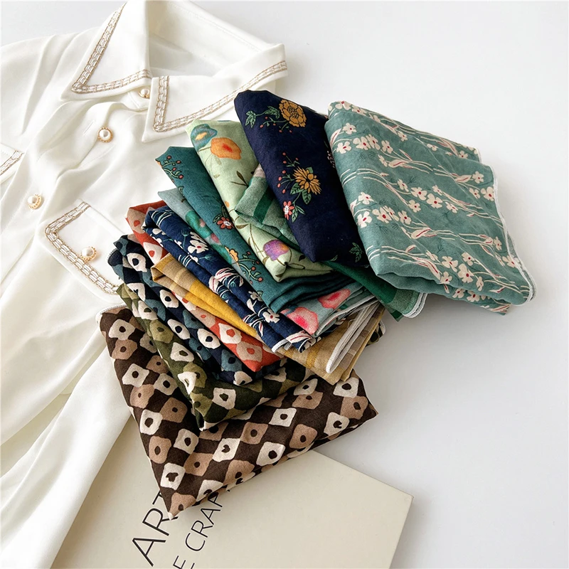 55*55cm New Fashion All-match Printed Cotton and Linen Small Square Scarf Women\'s Korean-Style Headscarf Work Scarf