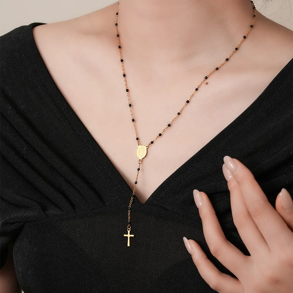 Stainless Steel Catholic Rosary Necklace Colorful Enamel Beads Sweater Chains Lucky Cross & Miraculous Medal Charm Neck Jewelry