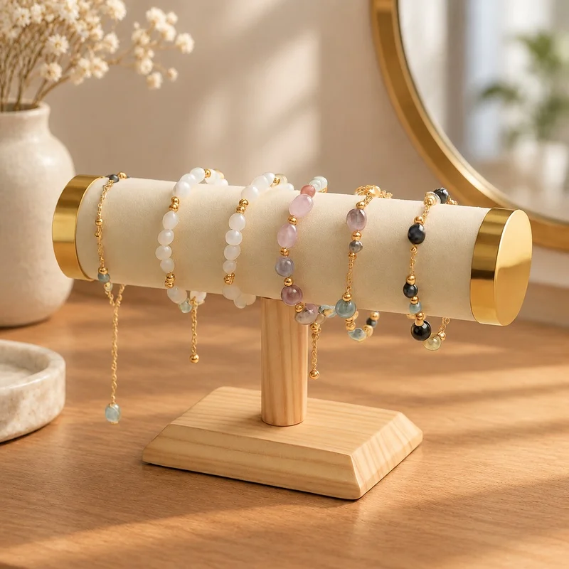 Stylish Gold T-Bar Metal Stand for Displaying Bracelets, Necklaces, Watches, and Hairbands