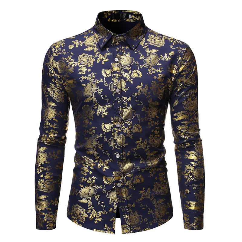 New Men Gold Stamp Printed Long Sleeve Shirt Black / White / Wine Red Fashion Male Business Social Casual Lapel Tops