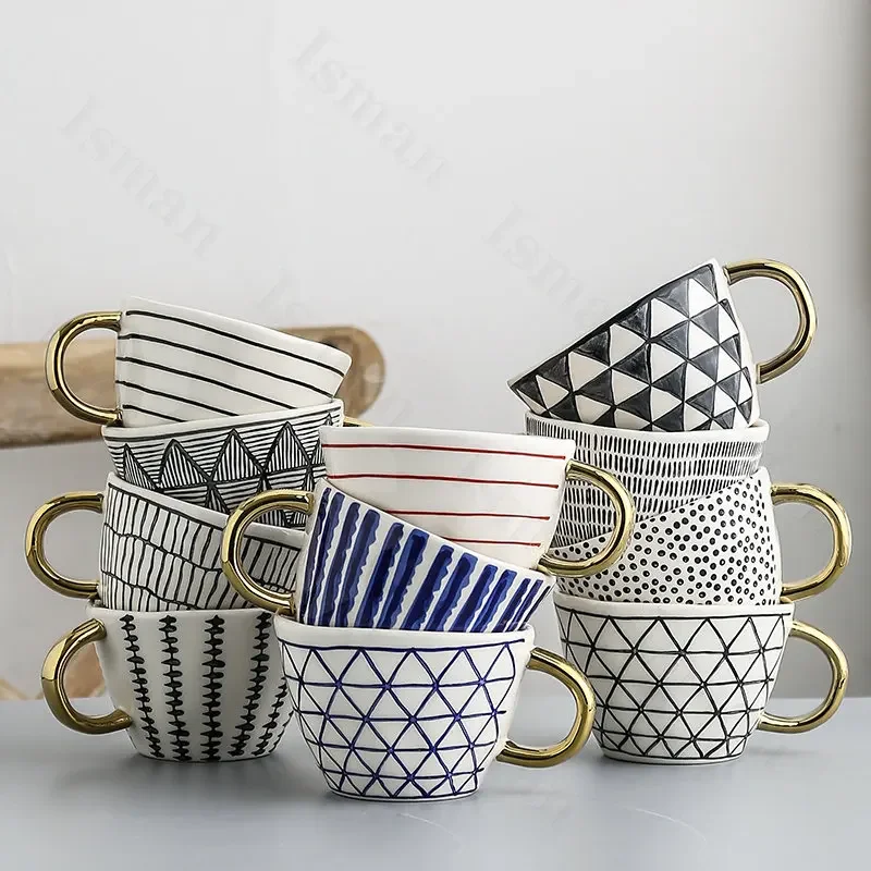 Creative American Style Ceramic Mugs Coffee Cups Afternoon Tea Golden Stroke Geometry Irregular Coffee Cup Italian Espresso Mug