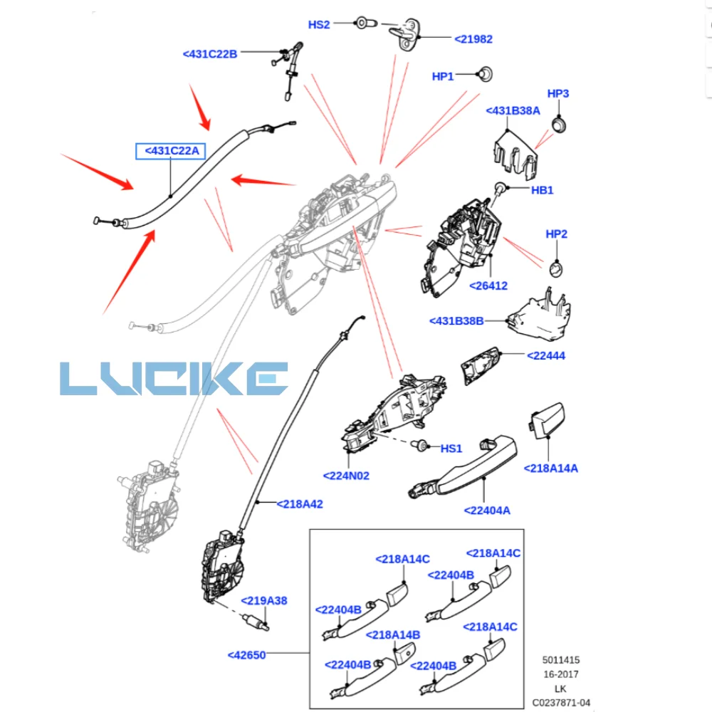 

Подходит для задней двери Range Rover с кабелем управления разблокировкой и внешней ручкой для положения замка LR064873