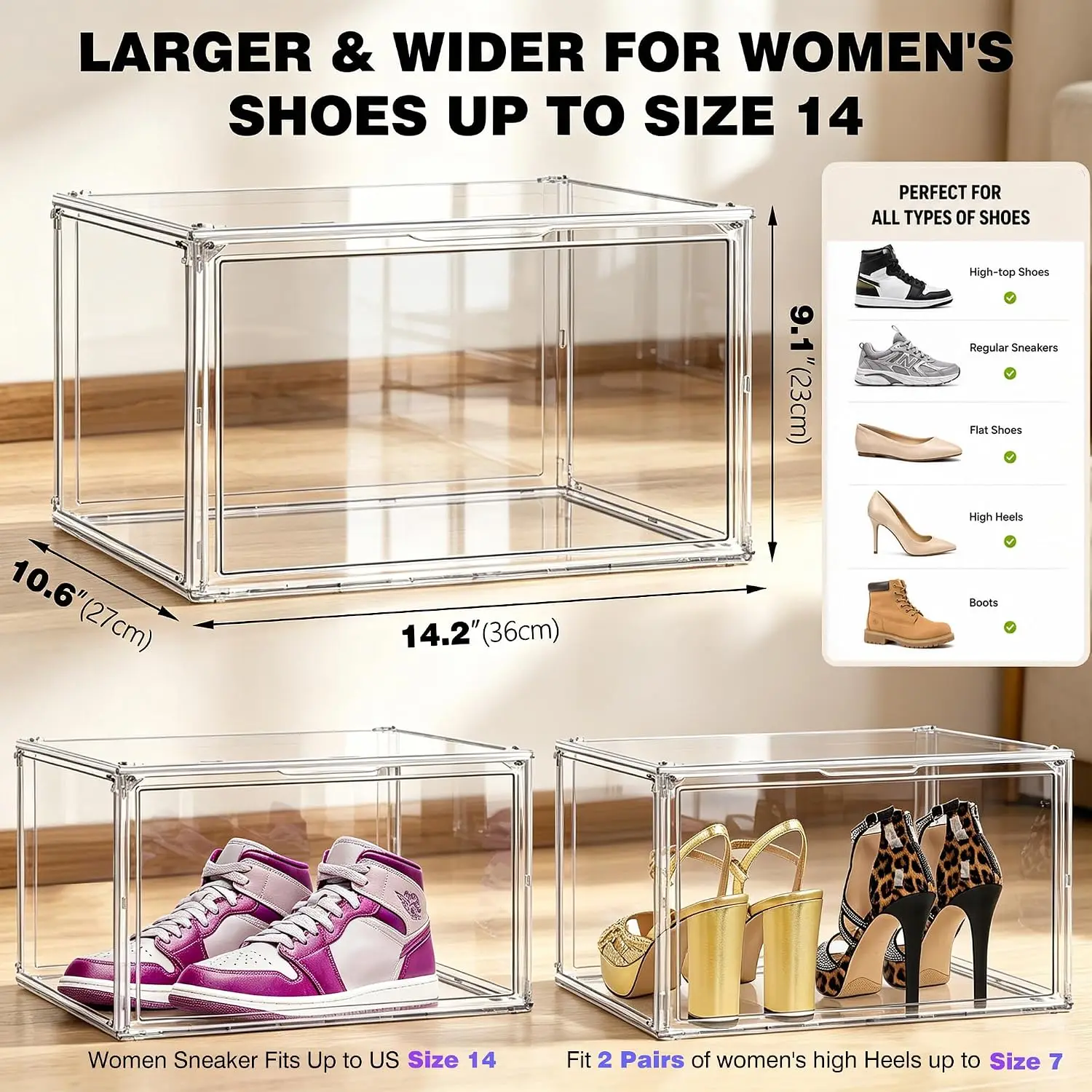 10 Pack Clear Acrylic Shoe Boxes, Side Door Sneaker Organizer Fit Size 13 | Large stackable boxes for sneakers, high tops, shoe