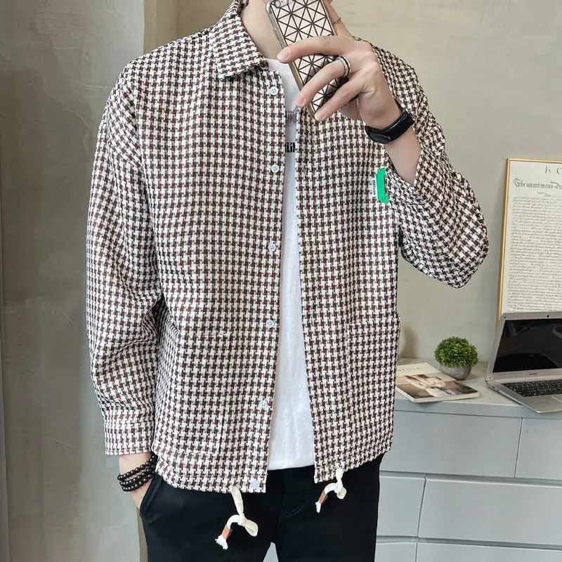 

Spring Autumn Fashion Houndstooth POLO Collar Men's Clothing Long Sleeve Shirts Drawstring Chaopai Korean Loose All-match Tops