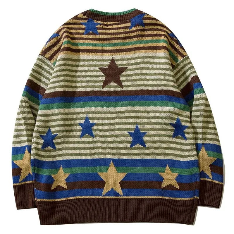 Harajuku Vintage Striped Sweater Men Star Flocking Oversized Knitted Sweaters Autumn Winter Streetwear Couple Pullovers Unisex