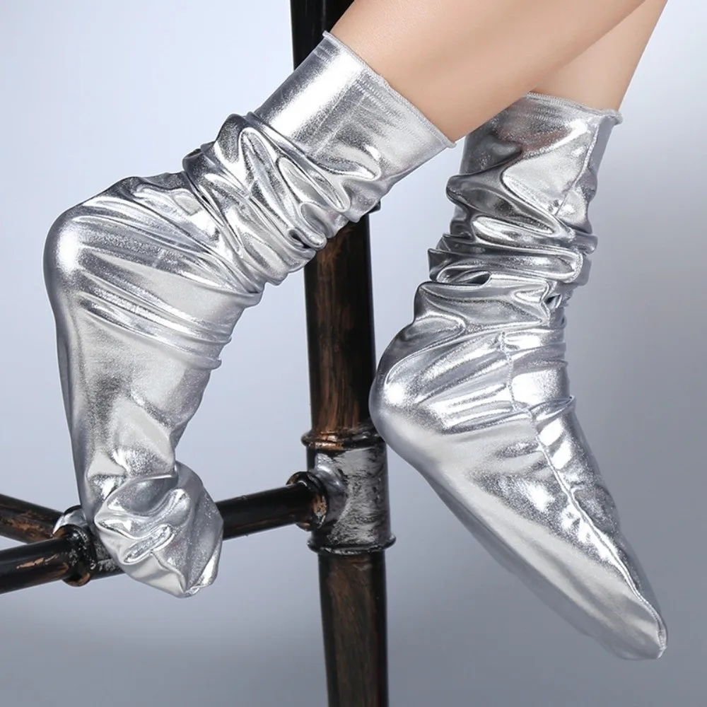 New Bright Color Reflective Socks Short Tube Solid Color Metallic Color Socks PVC Leather Shiny Leather Socks JK