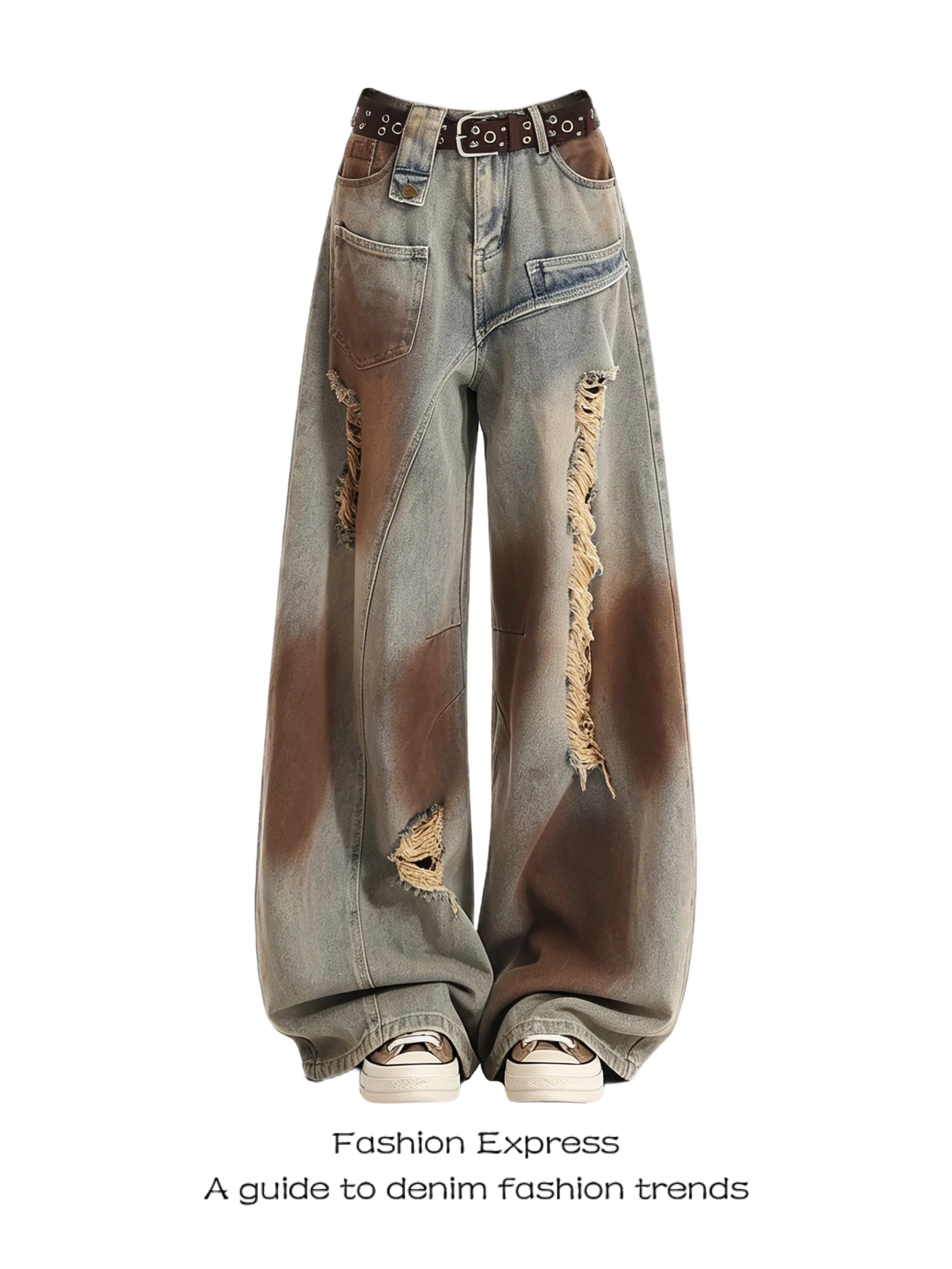 Ripped Denim Jeans Women's Summer New Style Yellow Desert Wind Heavy Duty Personality Loose Slim Wide Leg Trendy Trousers