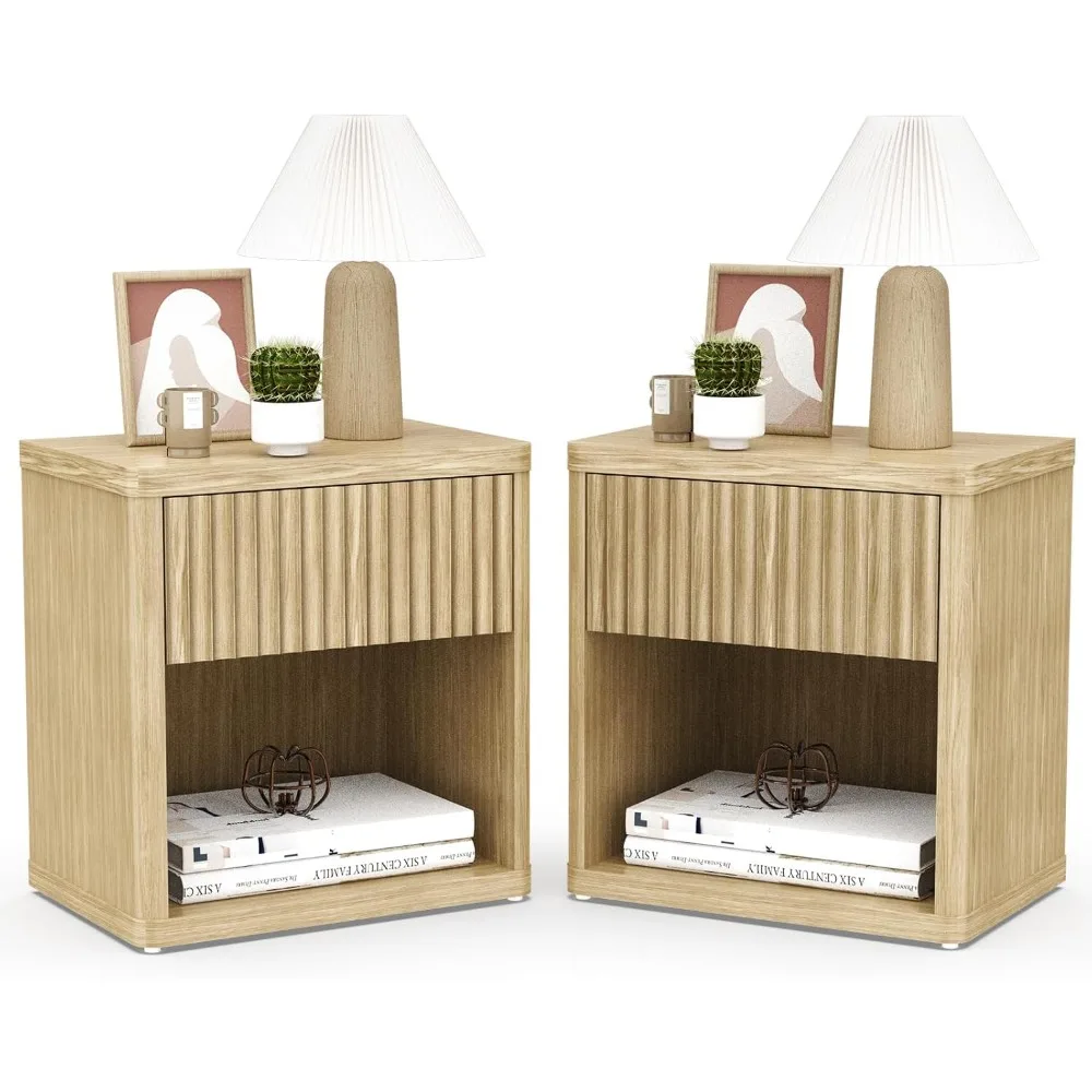 Pair of Mid-Century Modern Fluted Nightstands, 22.7 Wide with Drawer and Storage