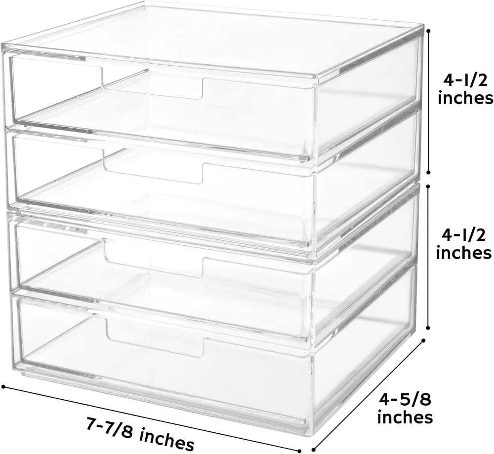 Stackable Desk Drawer Organizer, 4 Clear Wide Drawers for Pens, Makeup Brushes, Office Supplies
