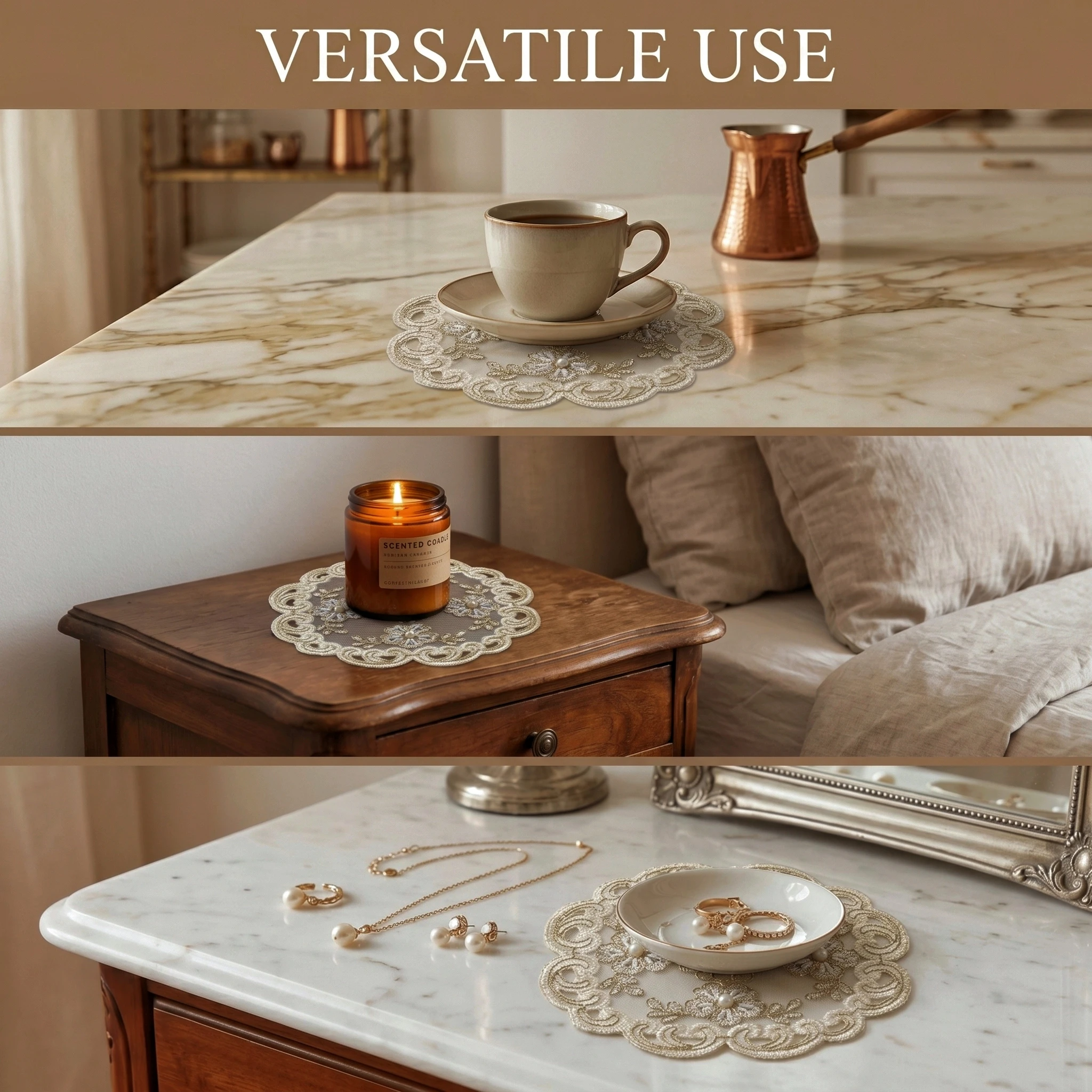4pcs Luxury Coasters Set Round Embroidery Ceramic Coasters Beige Lace Wedding Placemats Modern Home Decor Tea Party Decor - view 5