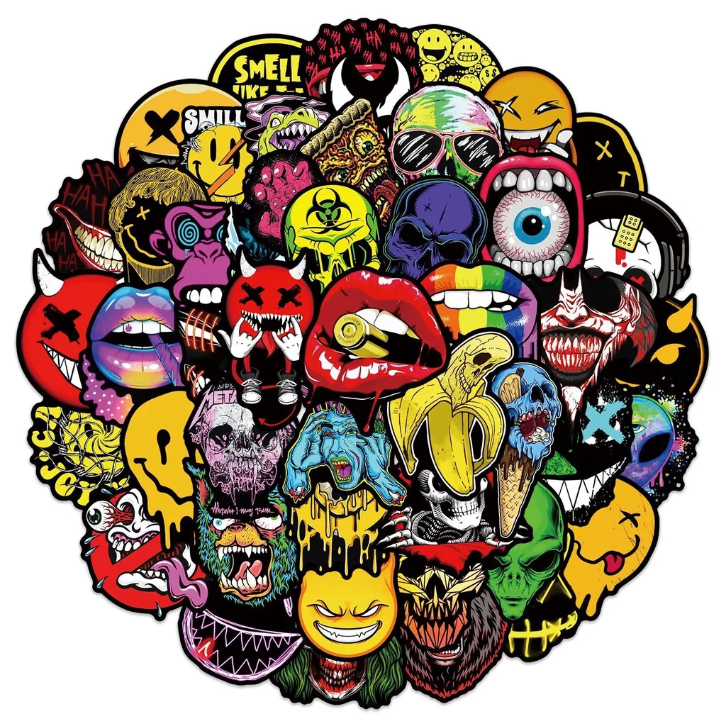 50PCS Halloween Scary Face Graffiti Waterproof  Stickers  For Luggage Phone Case Laptop Notebook Golden Memory Stickers Store