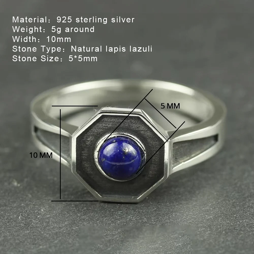 Original Design 925 Sterling Silver Rings For Men and Women With Natural Lapis Lazuli Stone Hexagon Shaped Elegant Jewelry Ring