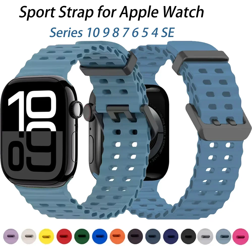 

Спортивный ремешок для Apple Watch 10 46 мм Ultra 2 49 мм Ocean Силиконовый браслет Correa iWatch Series 9 8 7 45 мм 6 5 4 SE 44 мм Ремень