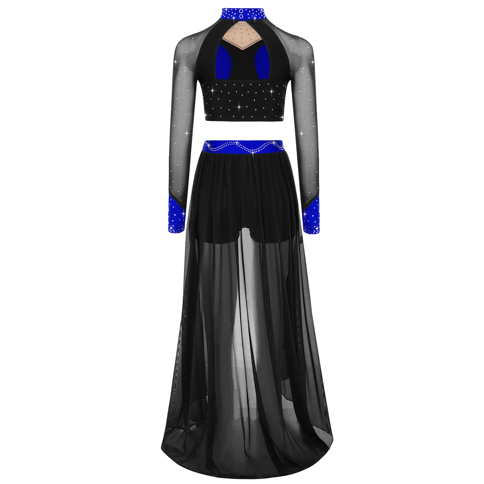 キッズガールモダン叙情的なダンス衣装光沢のあるラインストーン長袖カットアウトメッシュパッチワークカラーブロッククロップトップ+ショートパンツスカートセット