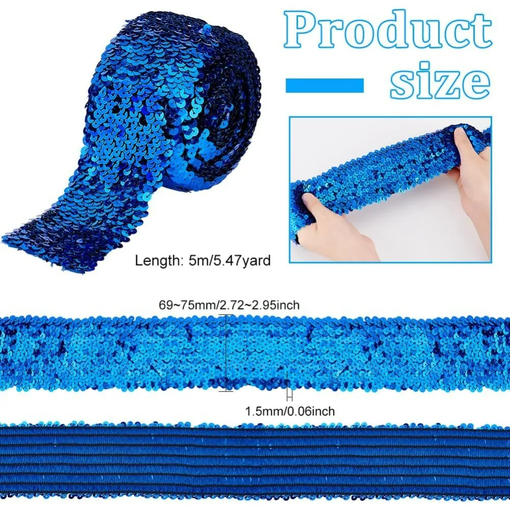 5.5 Yards Blue Sequin Trim 2.9 inch Wide Elastic Sequin Ribbon 8 Rows Paillette Roll Glitter Stretch Ribbon Flat Sequin Strip